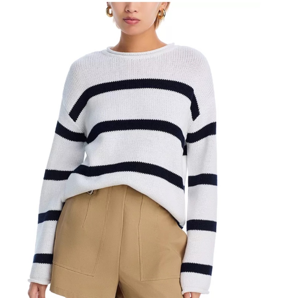 AQUA Cotton Drop Shoulder Crewneck Striped Sweater – White/Black, M, NWT